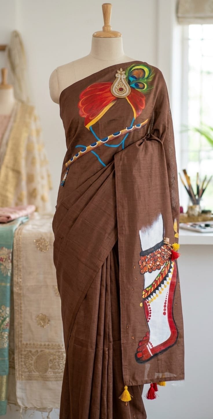 Krishna Essence Hand-Painted Saree