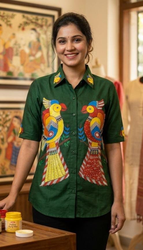Madhubani Twin Birds Hand-Painted Shirt