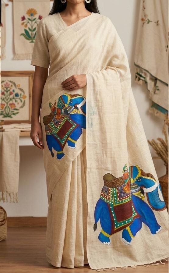 Royal Elephant Hand-Painted Cotton Saree